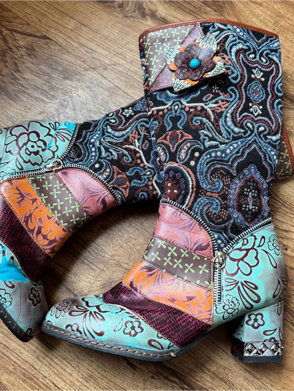 Patchwork Floral Paisley Mid-Calf Boots Size 38 Boho Funky Statement Heels